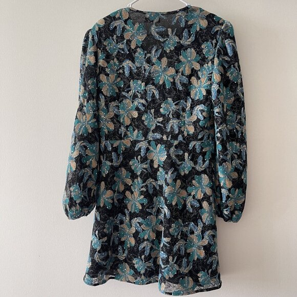 SANDRO Dress Sequins blue Flowers Sz 40 Gold - Picture 4 of 13